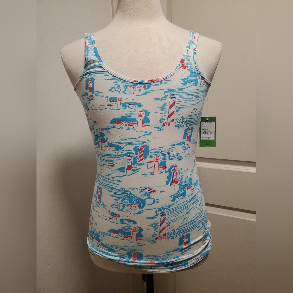 Lilly Pulitzer Blue and Coral Lighthouse Print Tank Top